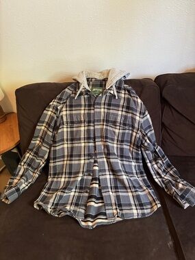 Vintage American Eagle Outfitters Men's Navy & Cream Plaid Hooded Shirt Jacket